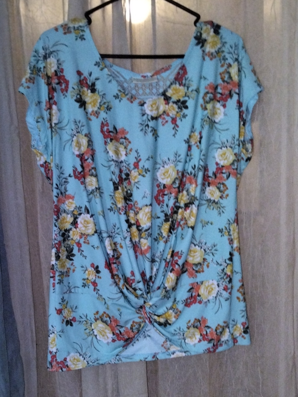 Bobbie Brooks Aqua Floral Twist-Front Tunic with Yellow Roses